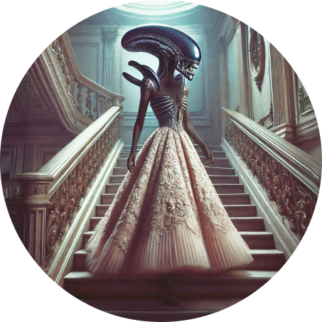 home_section_manifiesto Imagen de la hija fea de Alien vestida con un traje de lujo.